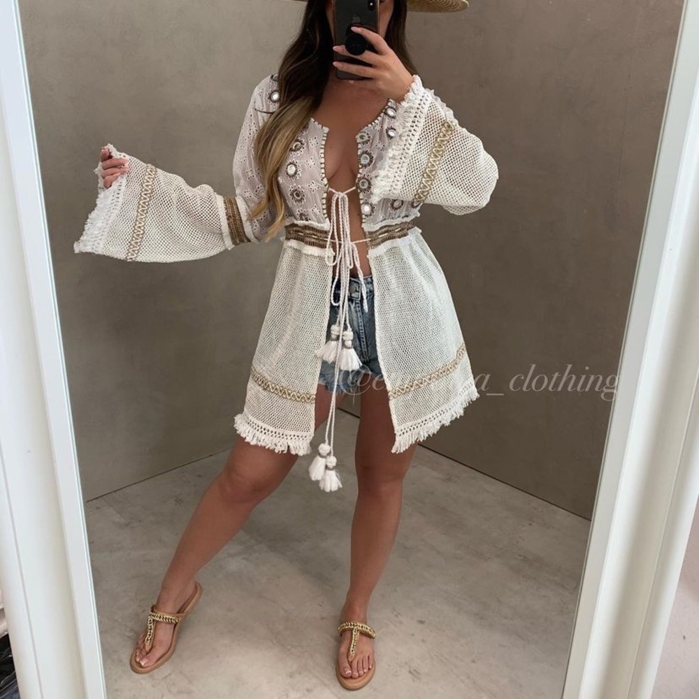 White embellished Top with Tassels